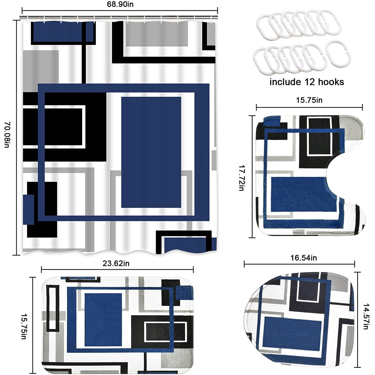 FRAMICS Blue Black Geometric Shower Curtain Sets with Rugs, 16 Pc Modern Abstract Bathroom Sets, Waterproof Fabric Shower Curtain with 12 Hooks and Toilet Rugs