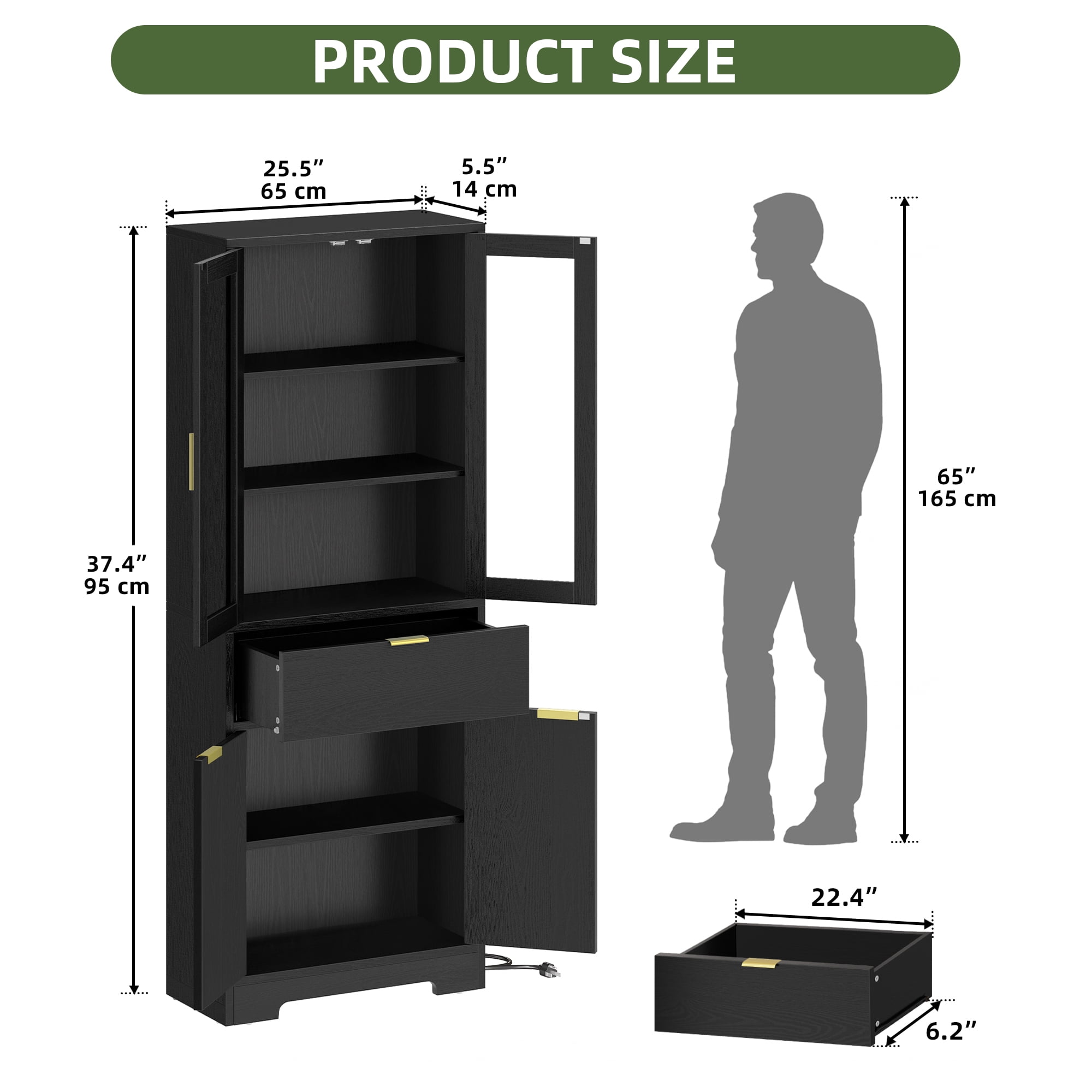 Uforic 65" Bookcase with Drawers & Doors, Tall Storage Cabinet with Adjustable Shelves, Display Bookshelves, Black
