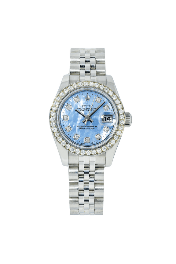 Pre-Owned Rolex Datejust 26MM 179174 Blue Mother of Pearl Diamond Dial Diamond Bezel Stainless Steel Jubilee Bracelet