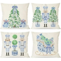 Christmas Blue and White Chinoiserie Throw Pillow Covers 18x18 Inch Nutcracker Sleigh Christmas Tree Bow Green Outdoor Grandmillennial Decorations Xmas Pillow Cases Set of 4 for Couch Decor