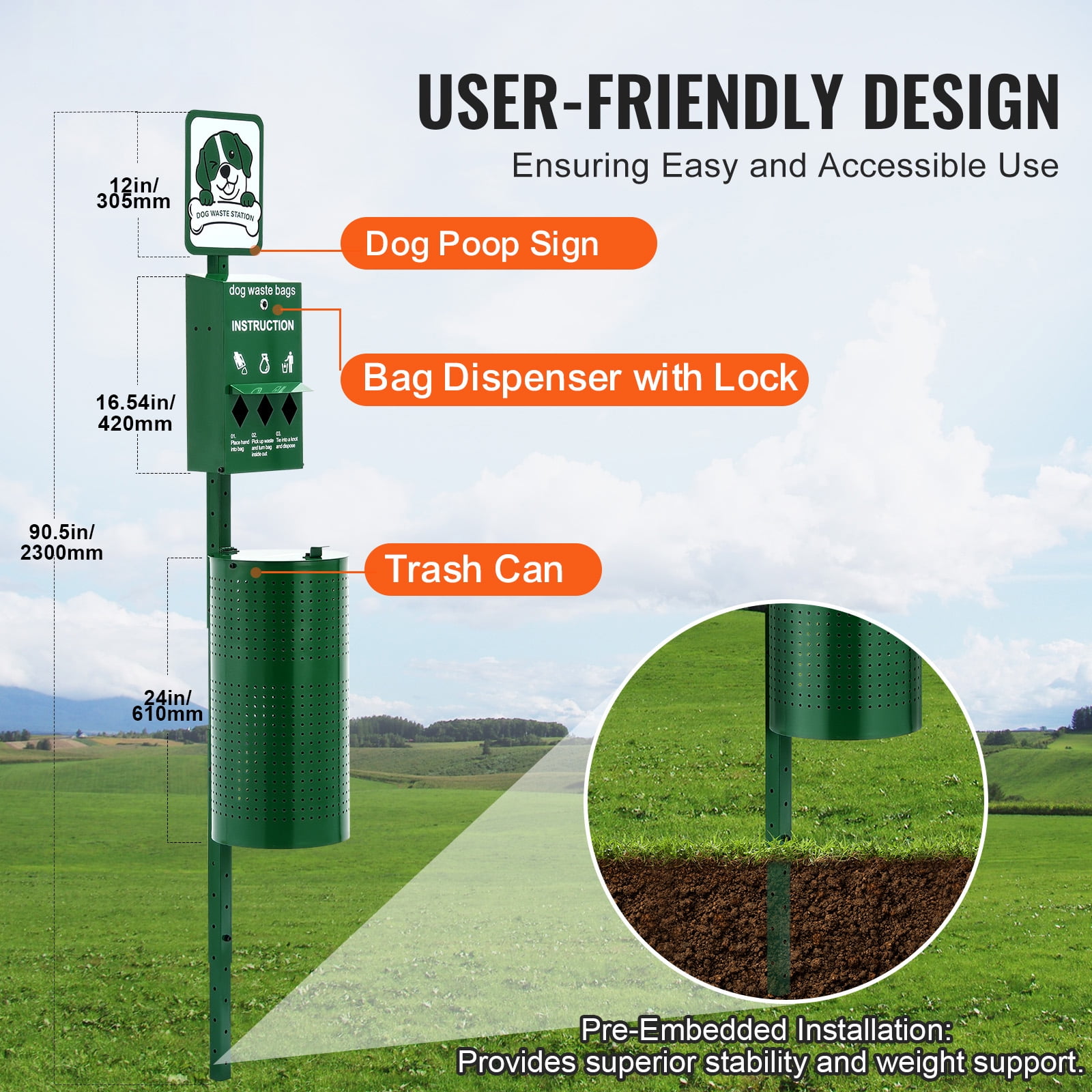 KFFKFF Canine Refuse Station, Business-grade Dog Excrement Station, 11.5 Gallons Animal Waste Container with 50 Bin Liners, Bag Distributor & 600 Disposal Bags