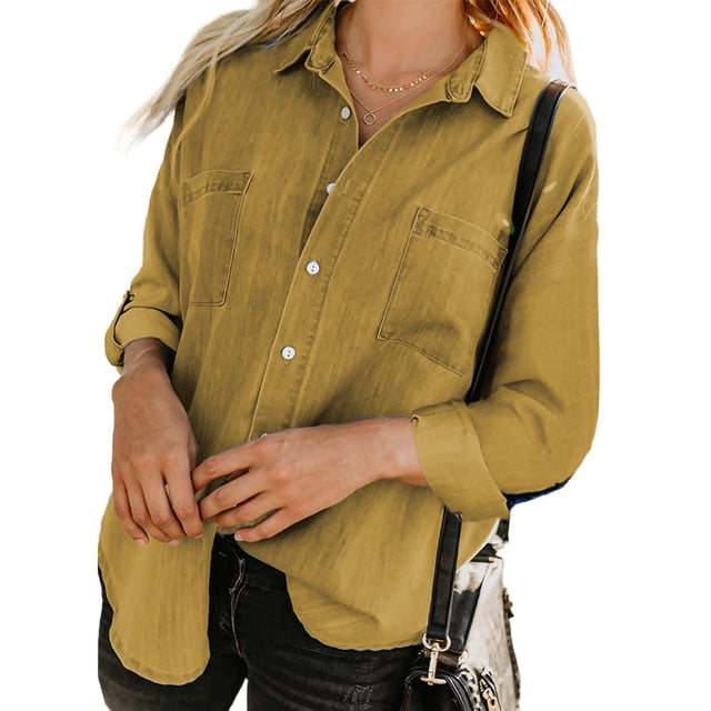 Txlixc Blusa vaquera de moda femenina, solapa de color sólido, botón de manga larga, blusa vaquera suelta Txlixc moda