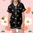 thumbnail image 3 of Girls Silk Pajama Set Button Down Short Sleeve Pjs Soft Cartoon Print Home Outfit Set 2 Piece Pjs for Girls Kids Black,110, 3 of 4