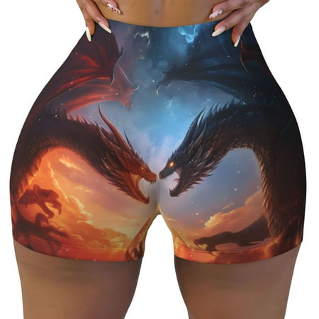 Workout Shorts Women  Red and Blue Fire Cloud Dragon Biker Shorts for Women Running Gym Spandex Shorts Tummy Control