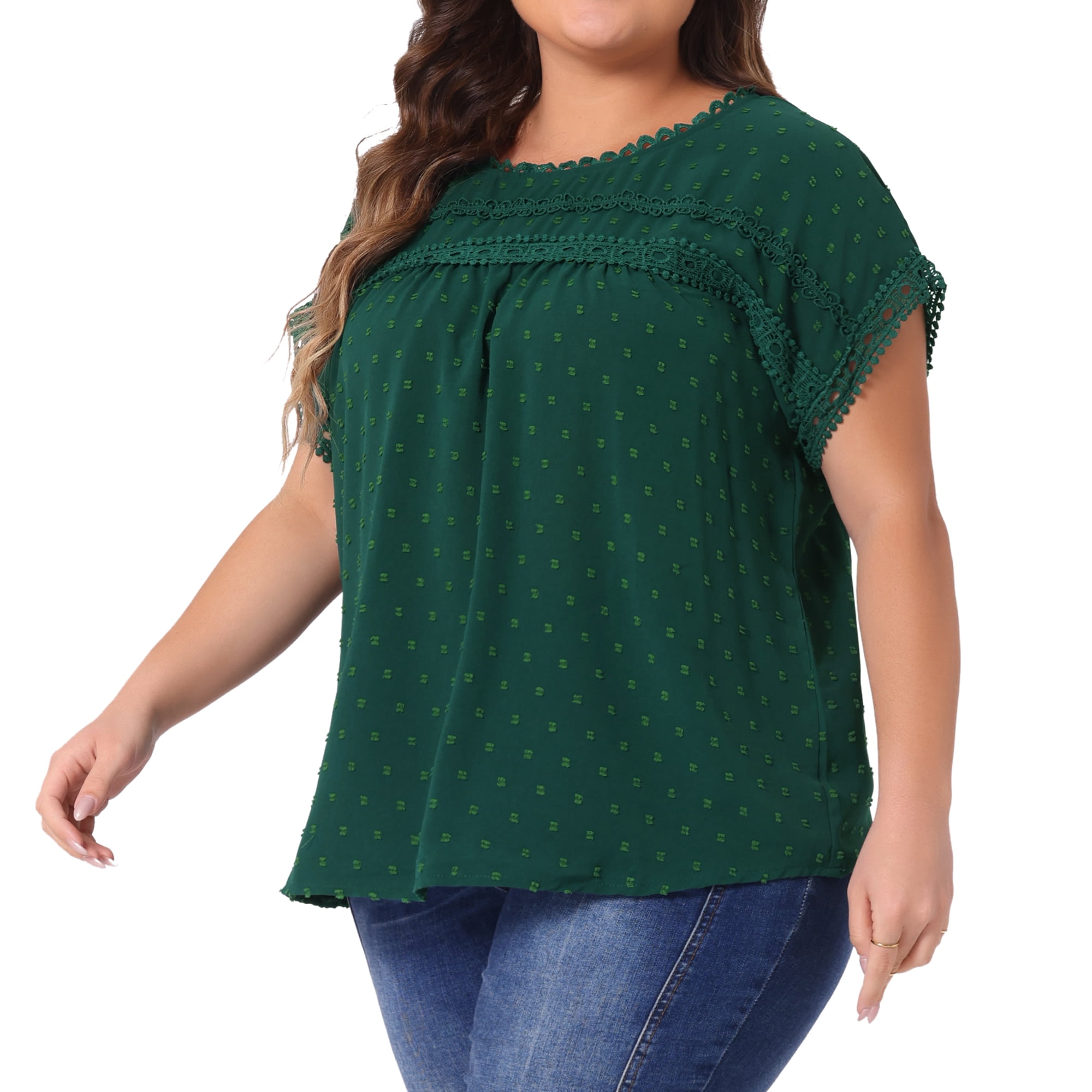 Women's Plus Tops with Swiss Dots Crew Neck Short Sleeve Casual Blouses 1X Dark Green