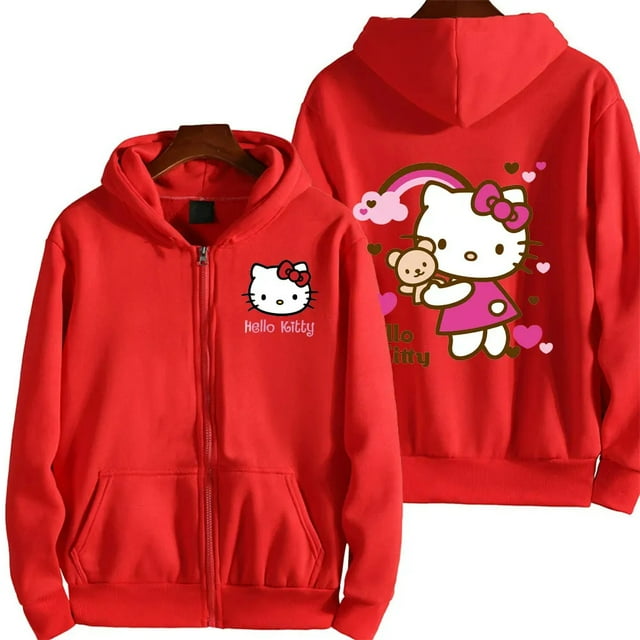 Women's Zipper Hoodie Autumn Winter Cute Kawaii Sanrio Hello Kitty Pattern Sweatshirt