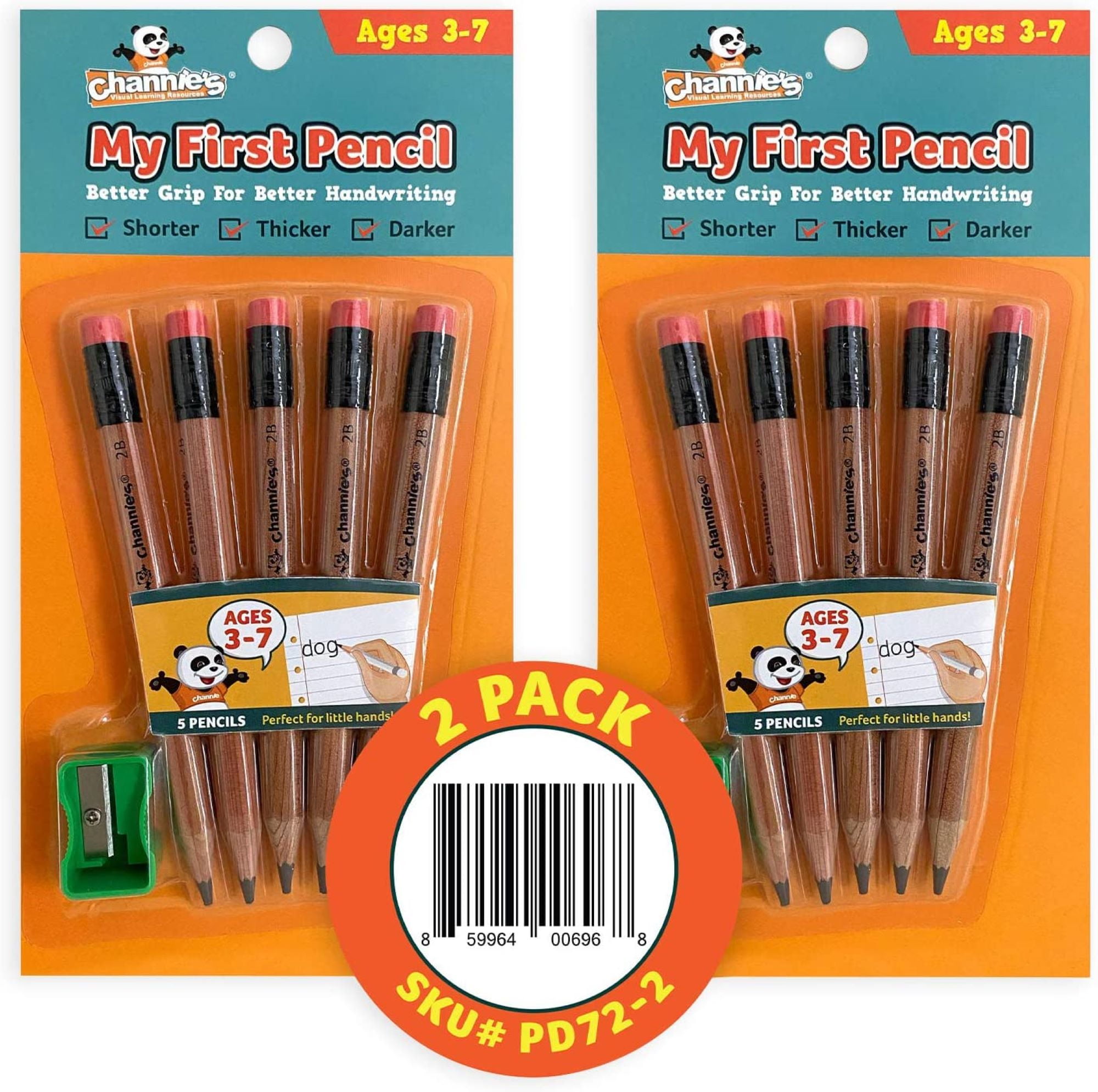 Channie's My First Pencil- 2 Pack-Natural Wood-Easy to Hold- With Sharpener
