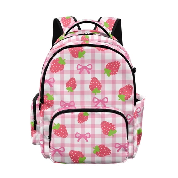 FKELYI Pink Strawberry Bow Print 17 Inch School Backpack for Boys & Girls Spacious Schoolbag for Elementary Student Casual Daypack Lightweight Book Bag Travel Bags