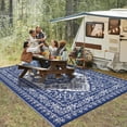 thumbnail image 1 of Reversible Patio Mat – Waterproof Plastic Straw Outdoor Rug – UV Protection, Modern Botanical – Includes Carry Bag & Stakes – Portable– Navy Blue/White, 9x12ft (274x360cm), USA, 1 of 8