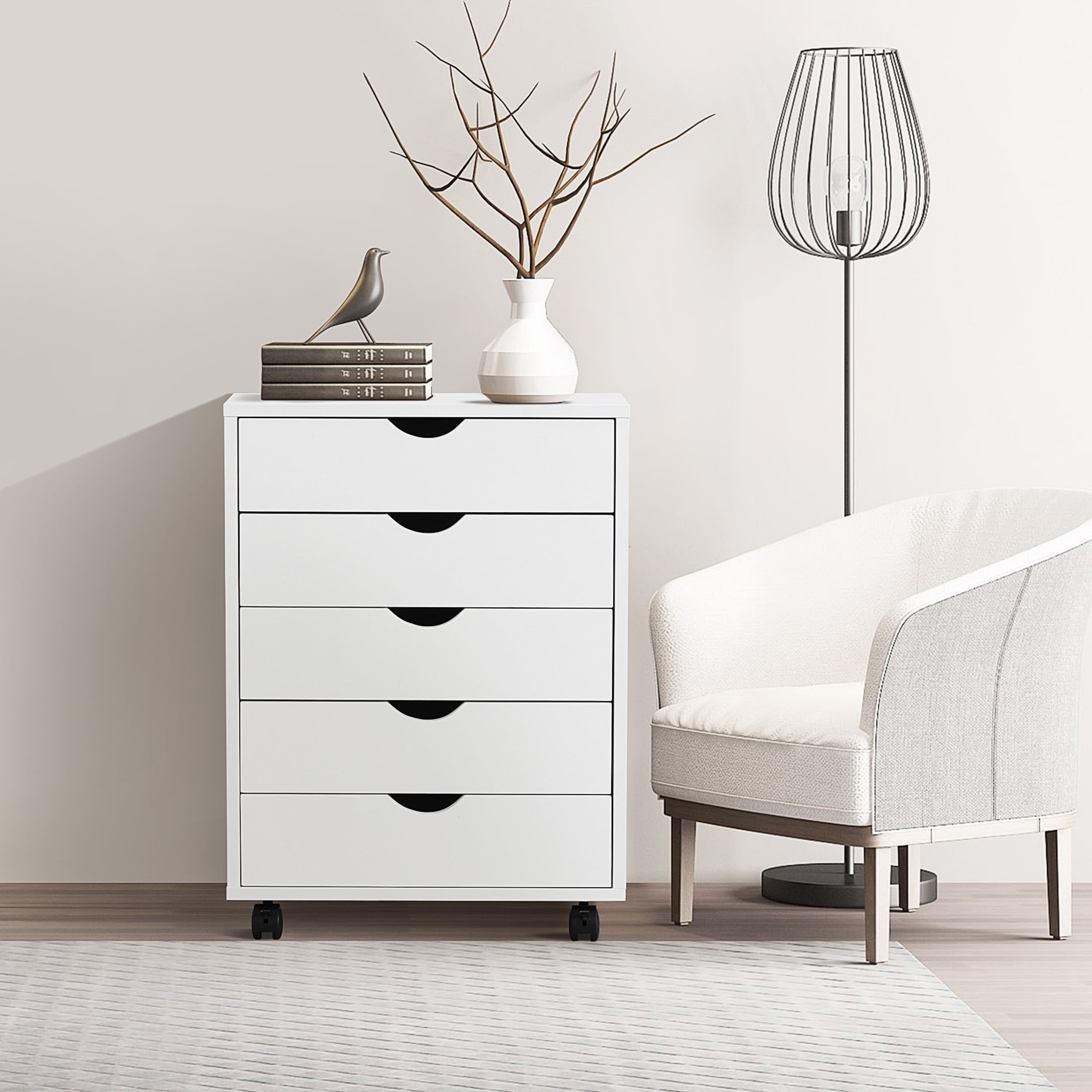 CONCETTA 5-Drawer File Cabinet, Lateral Filing Under Desk Storage Organizer with Wheels for Home Office, White