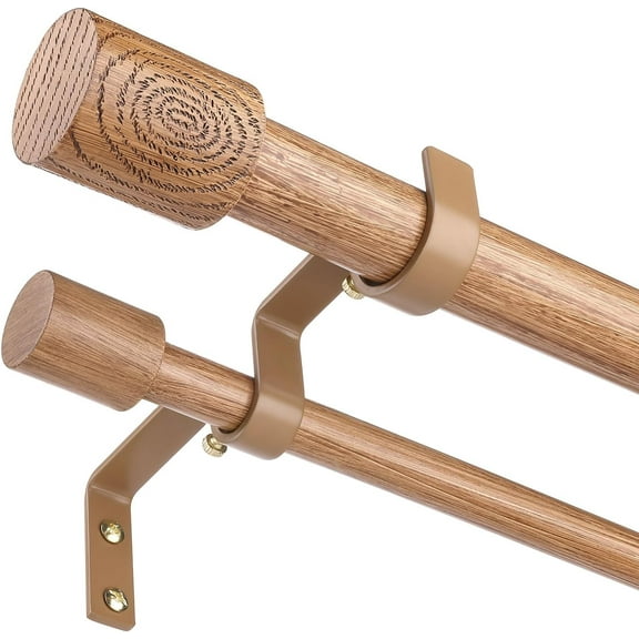 Wood Double Curtain Rods, Adjustable 66 to 120 Inches, 1 Inch Heavy Duty Dual Rod with Faux Wood Grain Finials, Boho Farmhouse Style