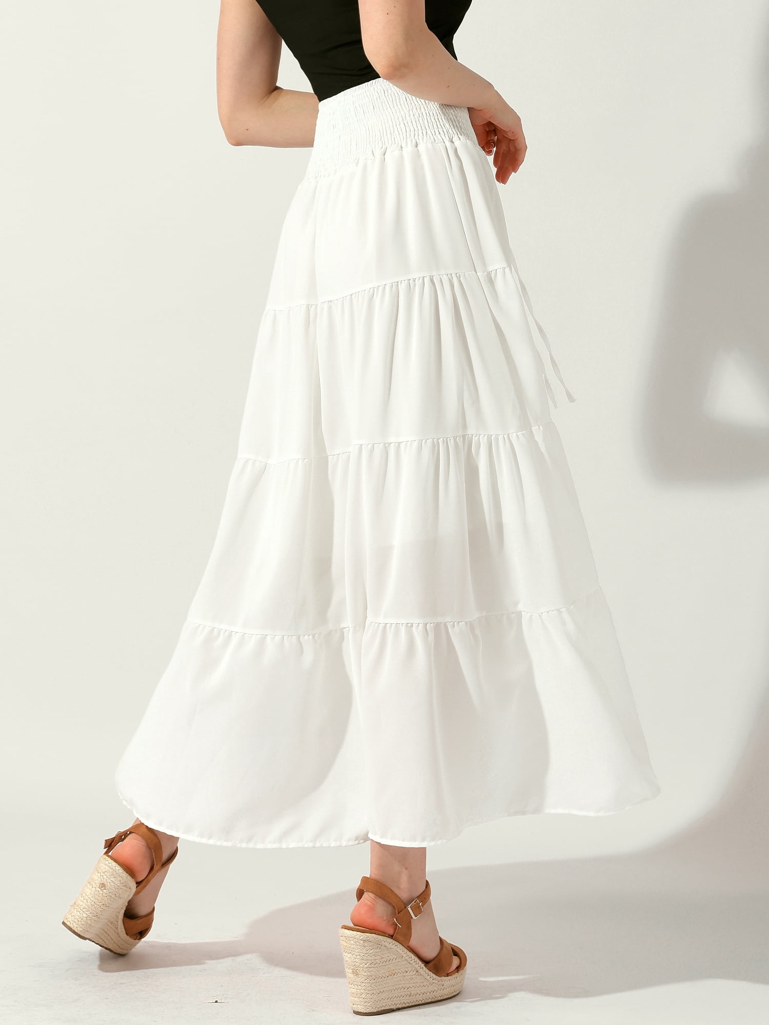 DARING DIVA Women Elastic Waist Tiered Smocked Flowy Maxi Skirt XL White