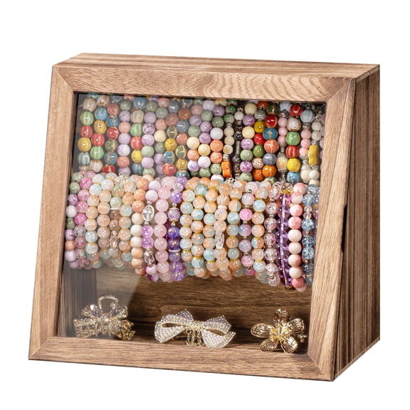 Bracelet Storage Box ,Bracelet Organizer with Clear Lid & Rods, Jewelry Display Case for watch,Rustic Brown