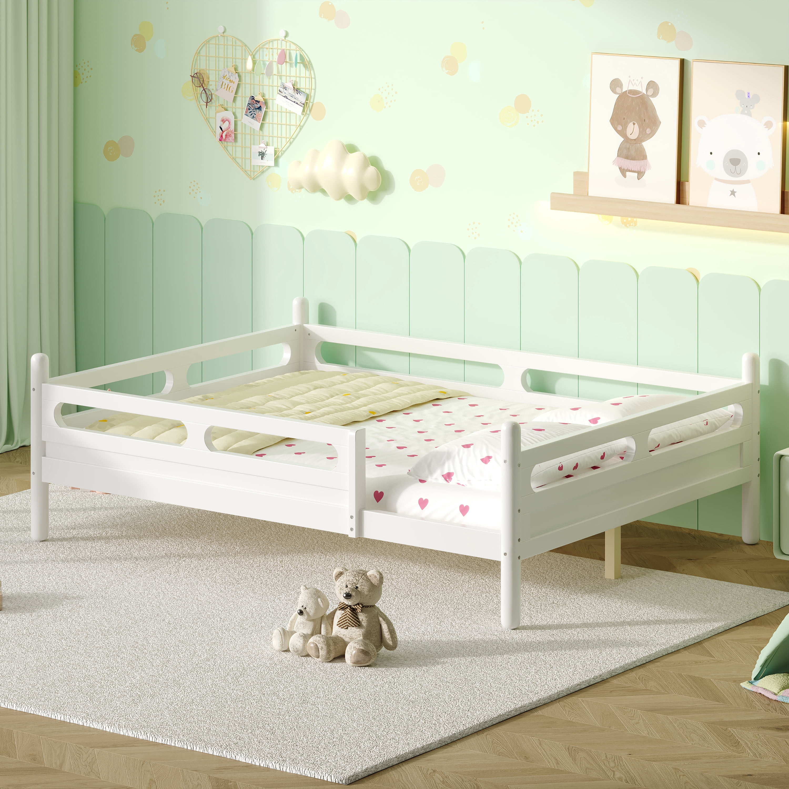 Euroco Wood Full Size Platform Bed, Low Profile Bed with Guardrails and Slats Support, White