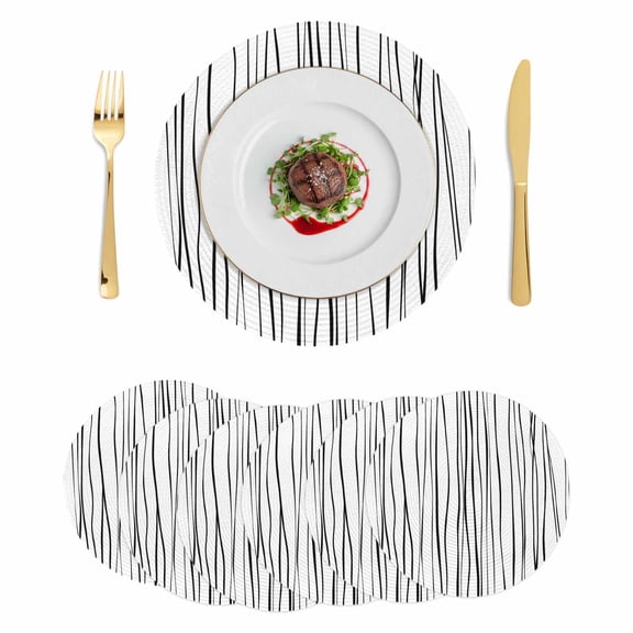 Black Round 13 Inch Placemats Set of 6, Abstract Lines Gradient Minimalist Modern Texture HeatResistant Non Slip Place Mats for Dining Table, Wipeable Braided Kitchen Table Mats for Housewarming
