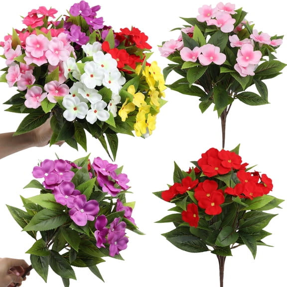 8 Bundles Artificial Impatiens Flowers for Outdoors UV Resistant Faux Impatiens Bushes Fake Silk Shrubs with Stake for Outside Front Porch Garden Window Box Planter Decor