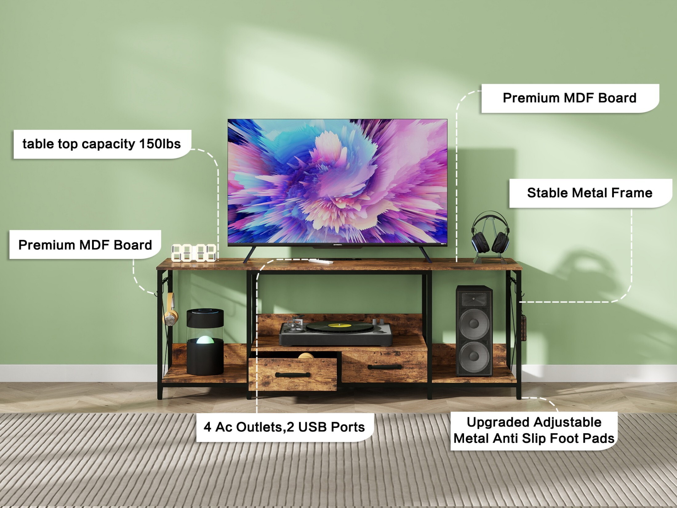 DEALTOPS 7-Color LED Lights TV Stand with Charging Stations and Fabric Drawers for TVs Up to 75'', Rustic Walnut