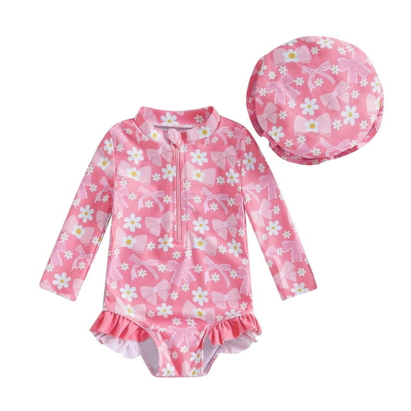 Baby Girls One-Piece Swimsuits Bowknot Print Crew Neck Long Sleeve Bowknot Swimsuit With Hat Beach Two Piece Tankinis Sets Swimwears Beachwear ,Pink,6-12 Months
