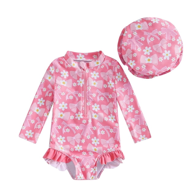 MIASHUI Girls One Piece Swimsuit Floral Printed Bathing Suit Kids Beach Swimwear with Hat,Hot Pink,6-12 Months