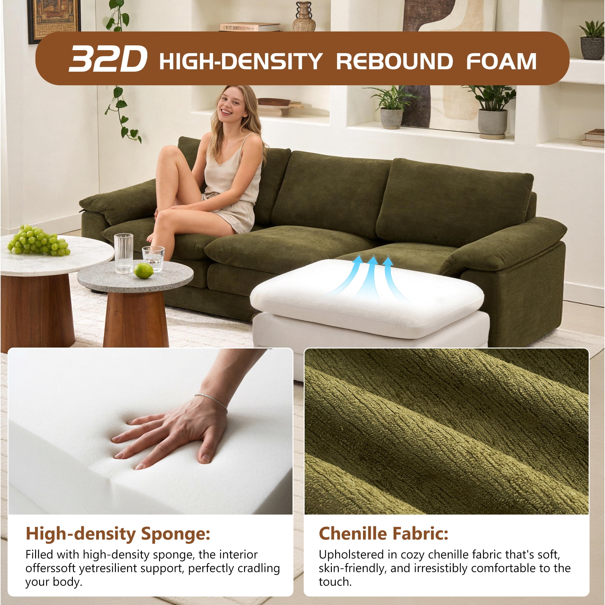 Leumius L-Shape Modular Sectional Sofa, Cloud Couch with 1 Movable Ottoman, Comfy Chenille Deep Seat Sofa with Soft Pillows for Living Room Apartment (Green)