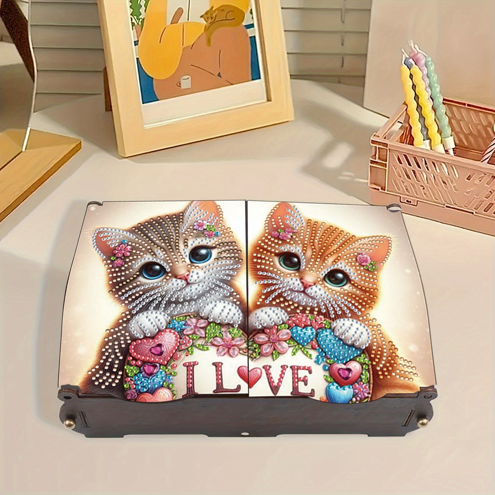 FLOPESN DIY Diamond Art Painting Jewelry Box,Creative Design Wooden Lid Rectangular Storage Case for Home Decor-Cat-1
