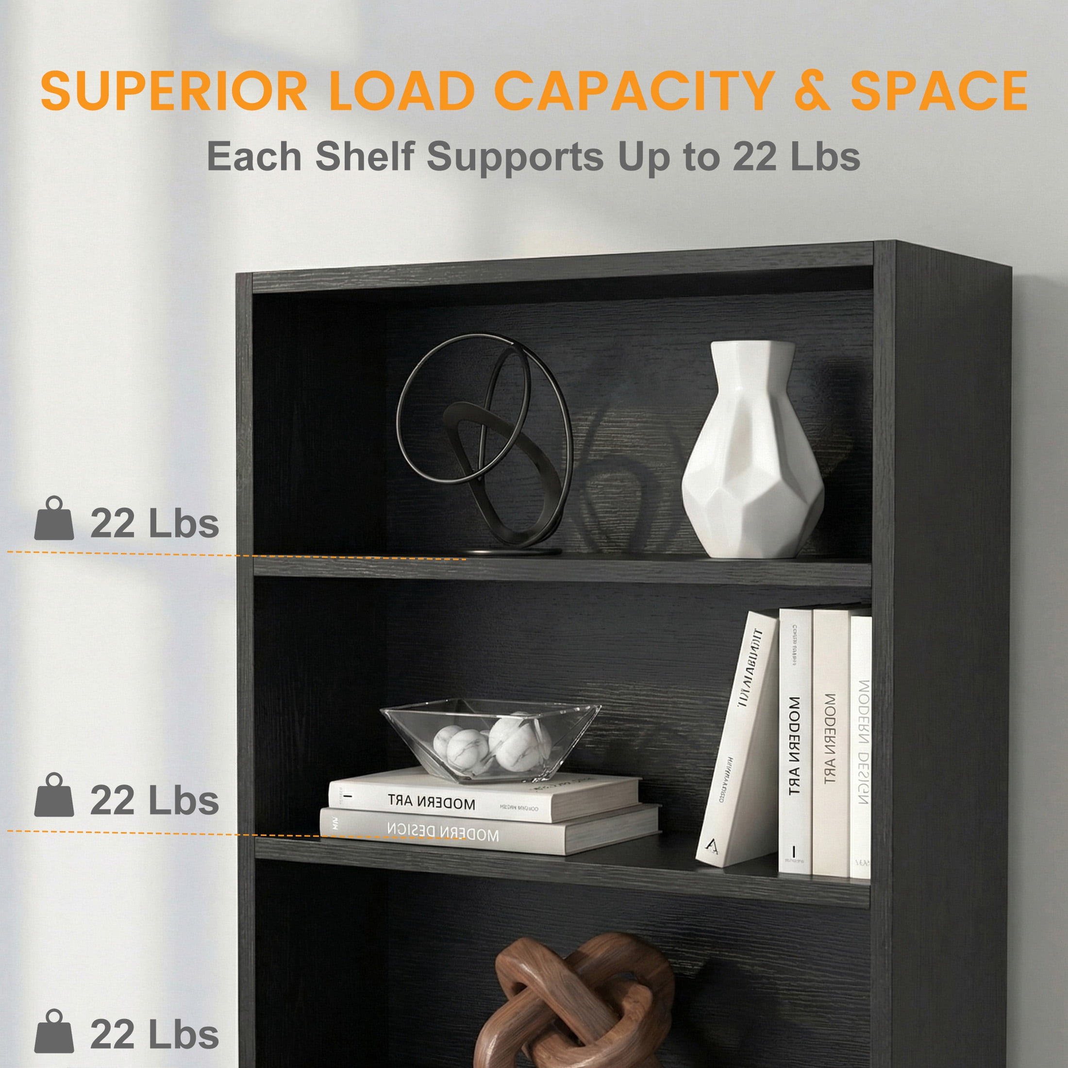 CONCETTA 3 Shelf Bookcase, 32 Inch Tall Floor Standing Open Bookshelf for Home Office and Living Room, Black
