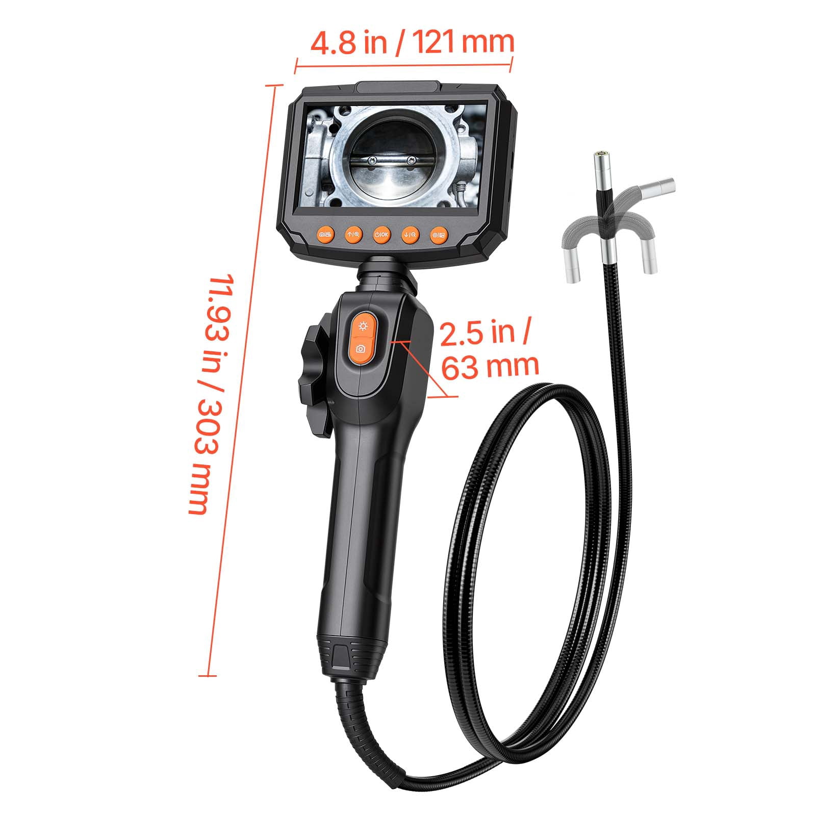 VEVOR Articulating Endoscope with Light, Two-Way Articulated Borescope Camera, 4.3" HD IPS Screen, 1280 x 720 Lens, 8X Zoom, IP67 Waterproof Inspection Snake Camera for Auto, Plumbing (4.9FT Cable)