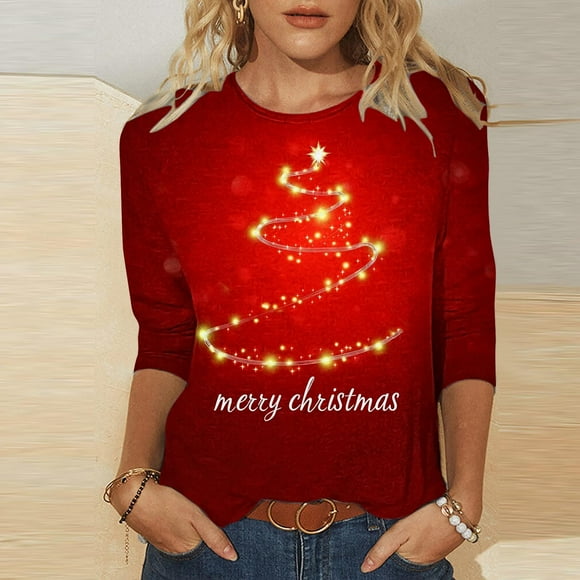 Fankiway Womens Oversized Long Sleeve T Shirts Ladies' Christmas Printed Round Neck Three Quarter Sleeve 3/4 Sleeve T-shirt Loose Top Long Sleeved Round Neck Top/shirt Multicolor 2XL