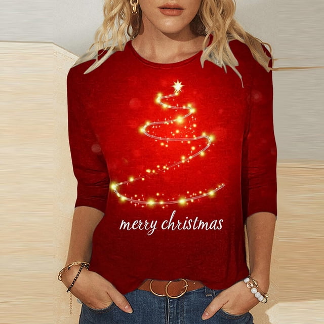 Fankiway Tunique Chandails en Molleton pour Femmes Imprimé de Noël Col Rond Manches Trois-Quarts T-shirt Ample Manches Longues Col Rond Multicolore G
