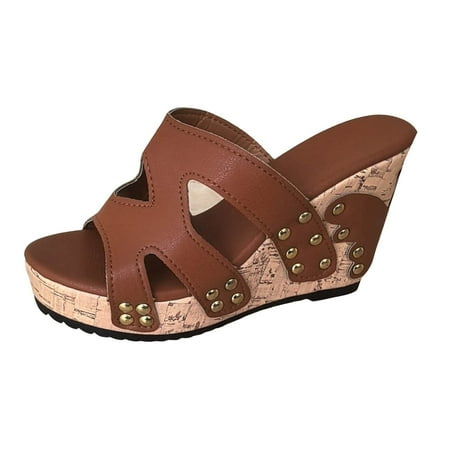 

Mnyotv Women s Casual Sandals Walking Sandals for Women with Arch Support Women s Slope High Heel Casual Sandals Fashionable Button Hollow Casual Sandals Brown 42