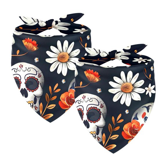PhooArto Sugar Skull Daisy Floral Pattern Dog Bandanas, 2 Pack Soft Washable Pet Scarf Triangle for Large Dogs Puppies and Cats