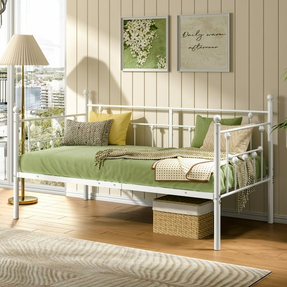 VECELO Twin Size Metal Daybed Frame, Heavy Duty Steel Slats Support, Mattress Foundation Sofa Bed, White
