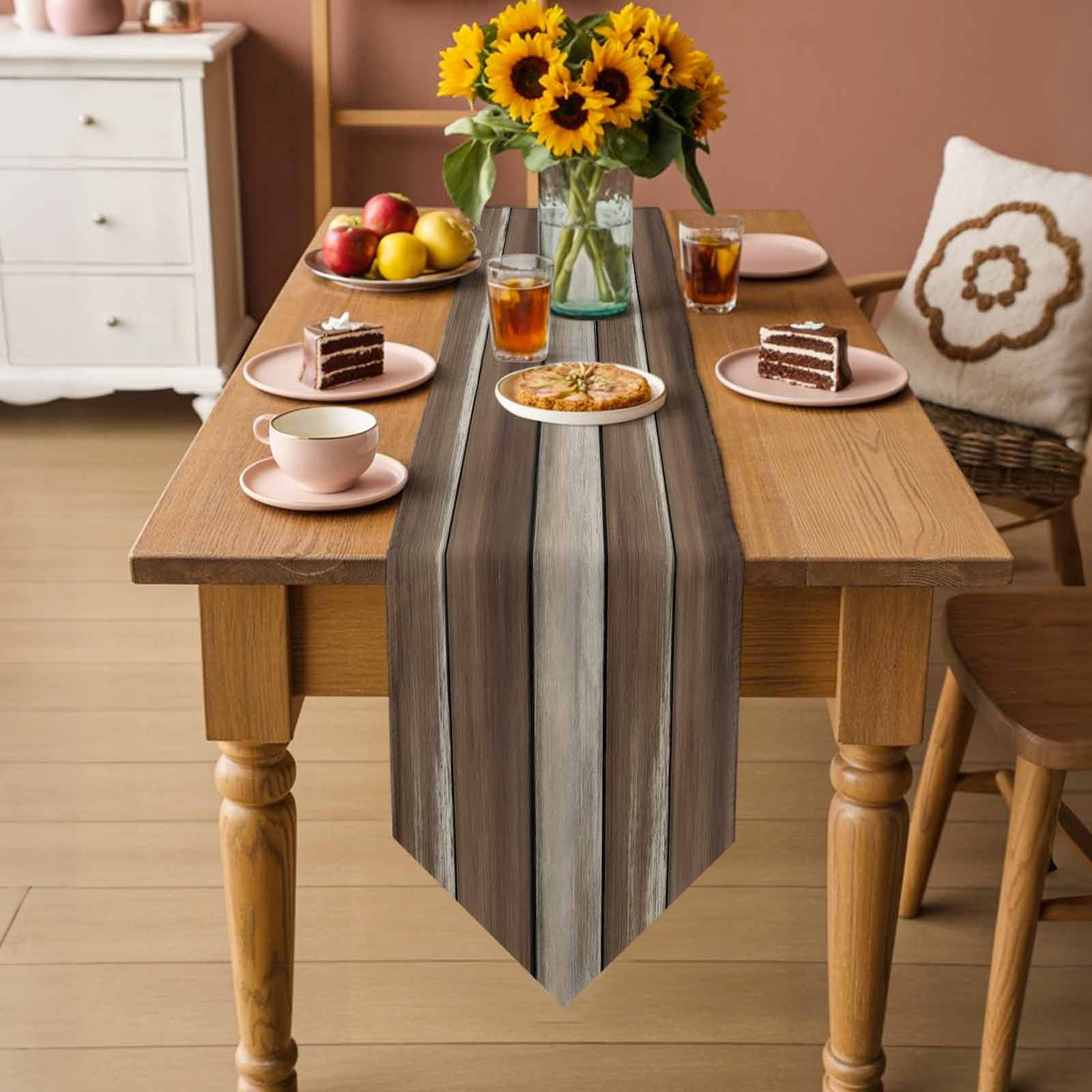 Table Runners 72 Inches Long, Brown Beige Wooden Cotton Linen Kitchen Dining Coffee Table Runner for Party Home Decor, Vintage Farmhouse Retro Art Tabletop Dresser Scarves Runner Decor 16x72 Inch