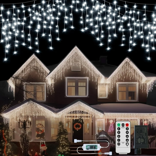 600LED Christmas Icicle Lights Plug in, 61ft + 15ft Hang Icicle String Lights with Remote Control, 8 Modes Twinkle Curtain Fairy Lights Waterproof for Window Home Wedding Decoration (White)