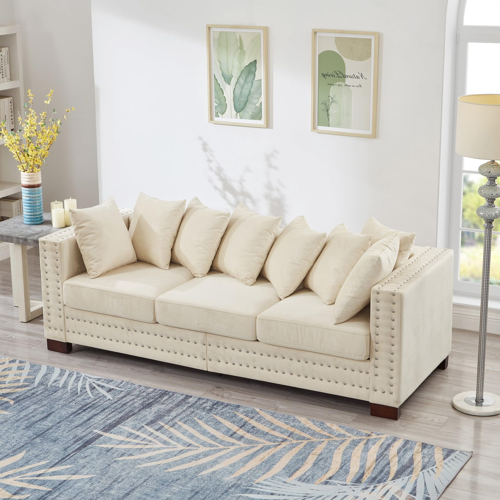 Eyisean 84.5" Velvet Modern Loveseat Sofa for Living Room, 3-Seater Upholstered Tufted Couch with Nailhead Arms & Pillow, Removable/Washable Cushion, Cloud Couch with Storage Space