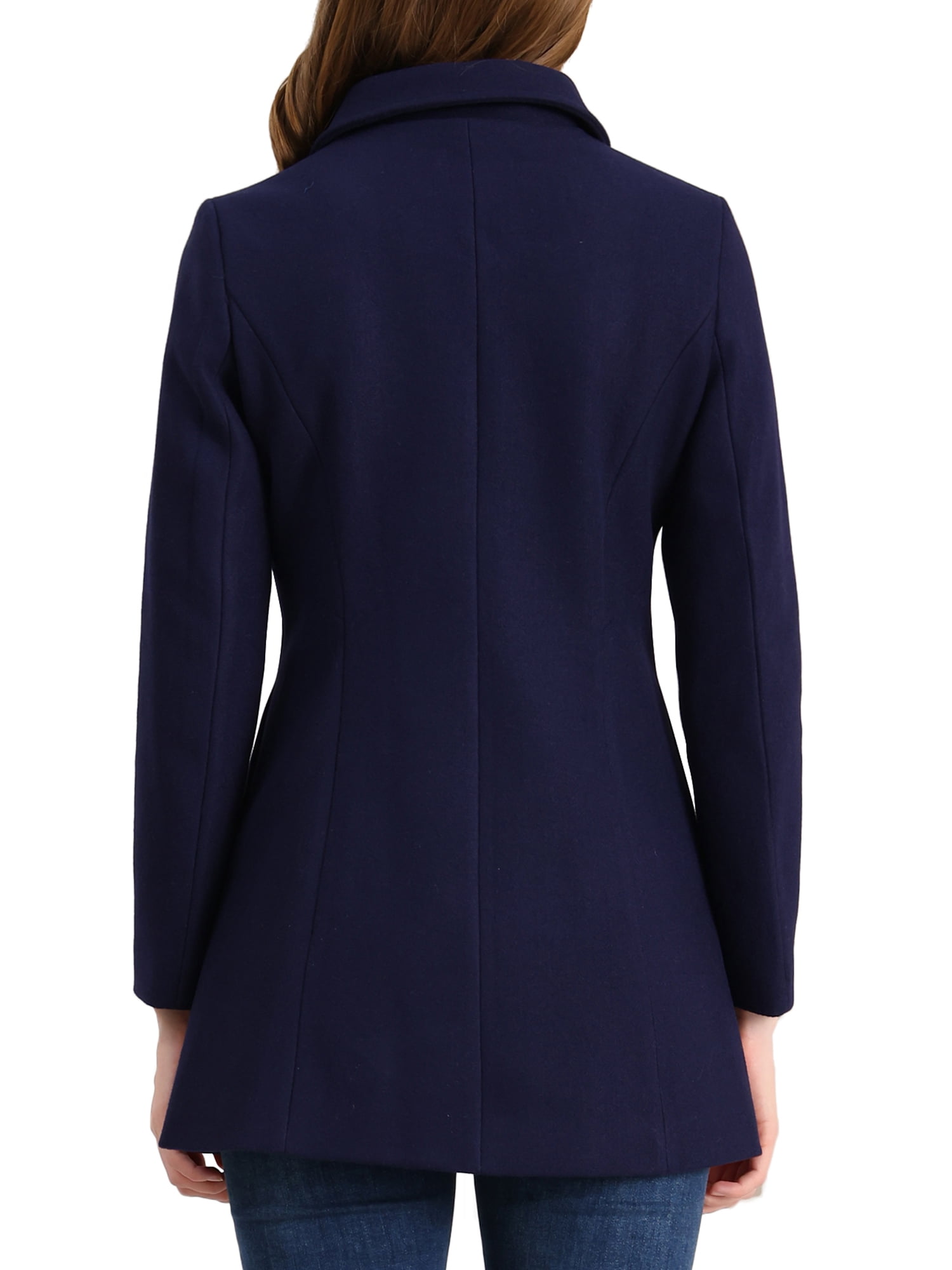 Unique Bargains Women's Peter Pan Collar Double Breasted Winter Trench Coat S Navy Blue