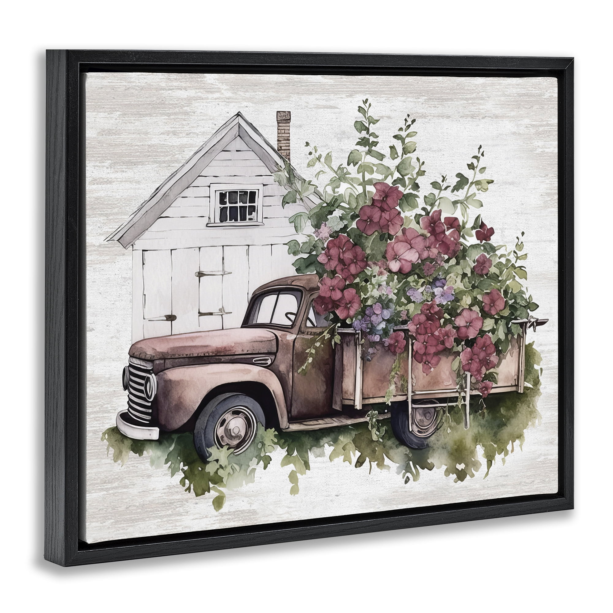 Stupell Industries Burgundy Flowers Truck Transportation Painting Black Floater Framed Canvas Art Print Wall Art, 21 x 17