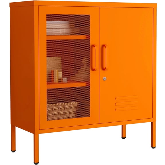 Accent Cabinet Locker, Lockable Storage Cabinet with Mesh & Metal Doors, 3-Tier Heavy Duty Steel Cabinet with 2 Adjustable Shelves, for Living Room, Home Office Orange 33"H x 29.5"W x 13.8"D