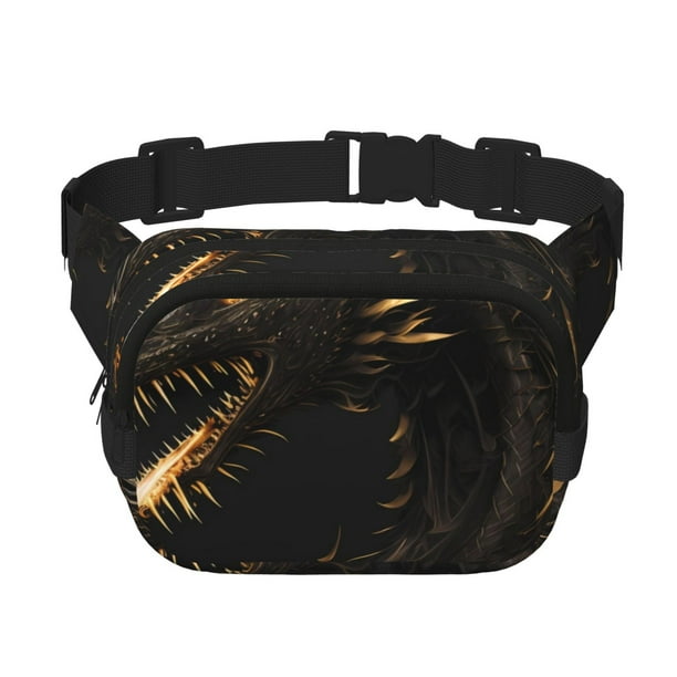 Fotbe Black And Gold Fire Dragon Cangurera Cuadrada con Estampado de Doble Capa, Bolsa de Cintura Ajustable Mini para Hombres y Mujeres
