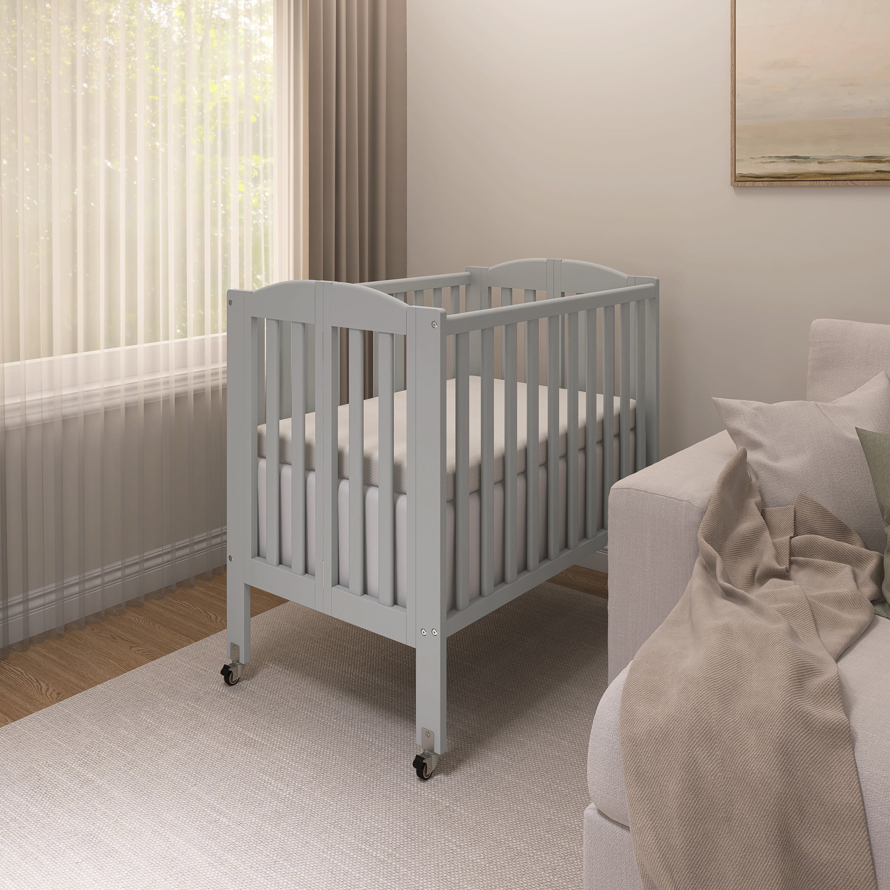 Dream On Me 2‑in‑1 Folding Portable Mini Crib for Babies – Compact Size, Mattress Pad Included,Cool Grey