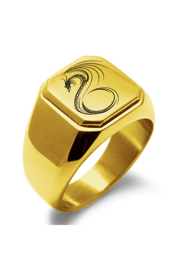 Stainless Steel Serpentine Dragon Engraved Square Flat Top Biker Style Polished Ring