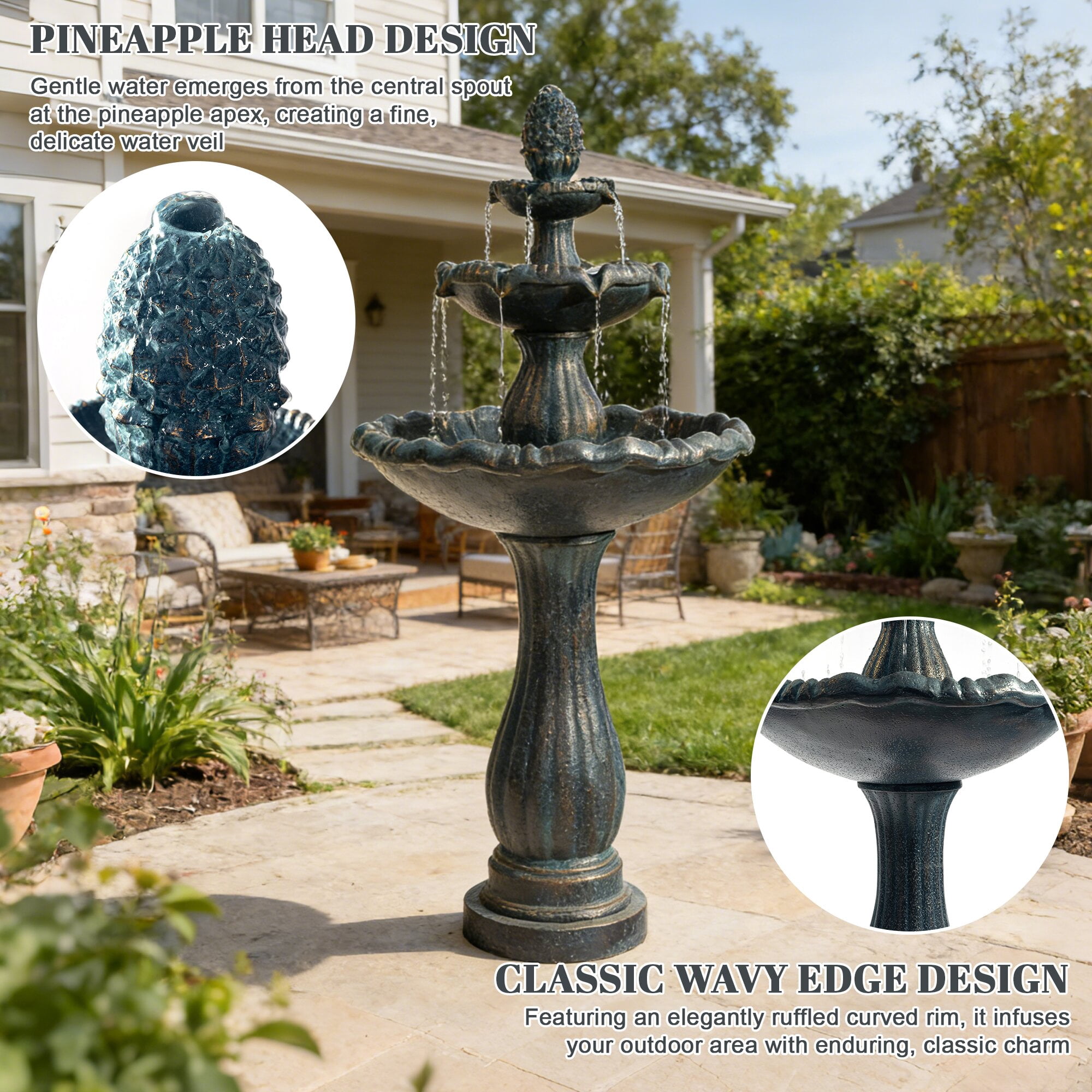Kaluomm 48" 3-Tiers Outdoor Water Fountain, Italian Pineapple Large Cascading Waterfall Fountains, Weather-Resistant Resin Freestanding Fountain Features for Garden Patio Backyard, Black
