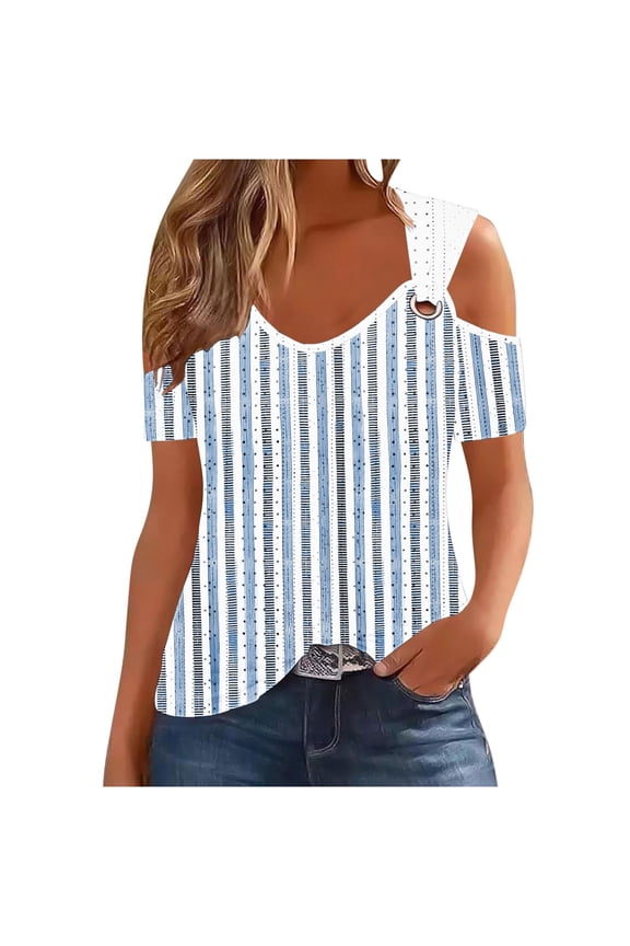 Women's Striped Print O Ring Cold Shoulder V Neck Short Sleeve Tops Casual Loose Fit Blouses for 2026 Summer Blue L