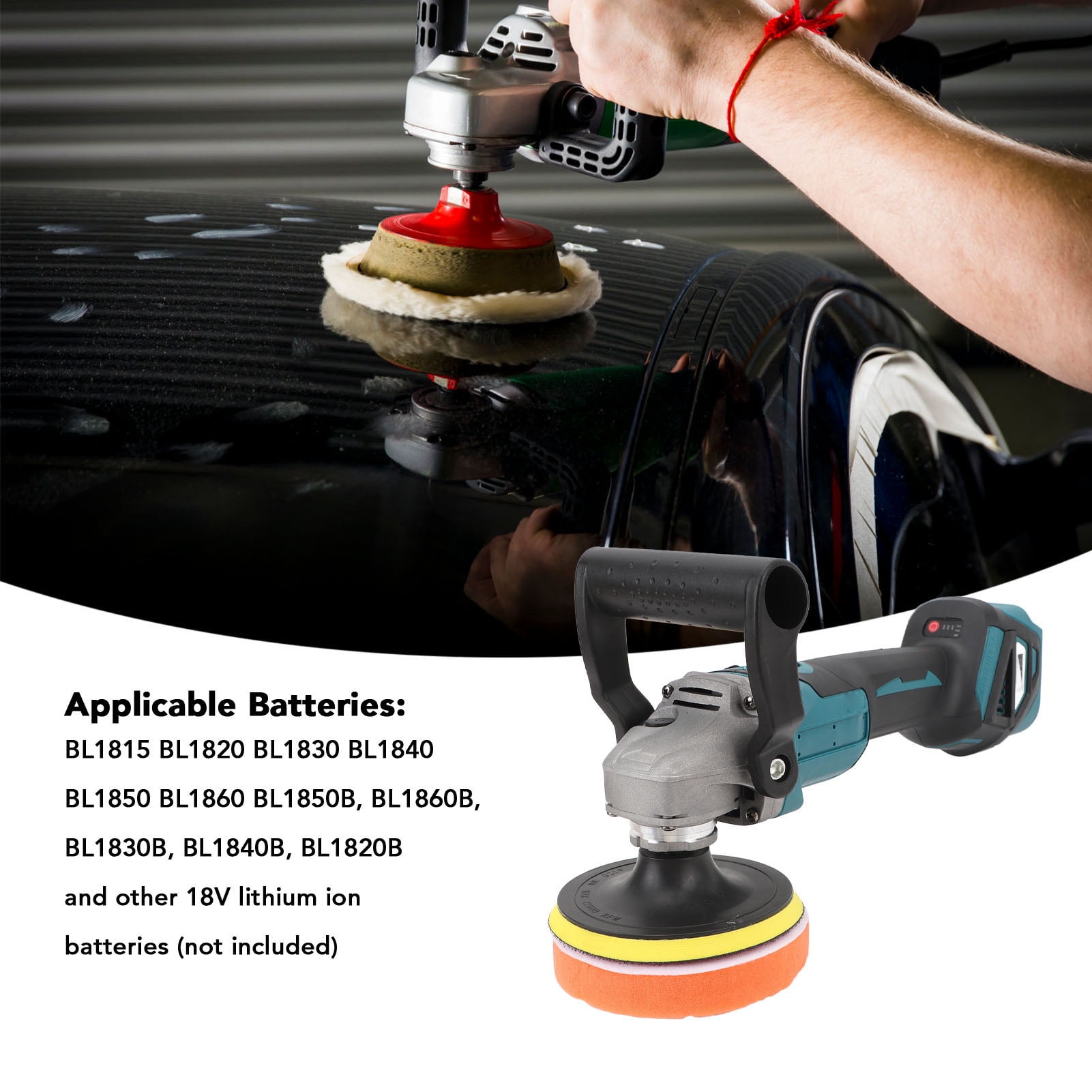 Rupoun Cordless Buffer Polisher 6 Variable Speed 18V Battery Powered Brushless Dual Action Car Grinding Machine 5-Inch Kit for Detailing Waxing (14.5 in / 37 cm)