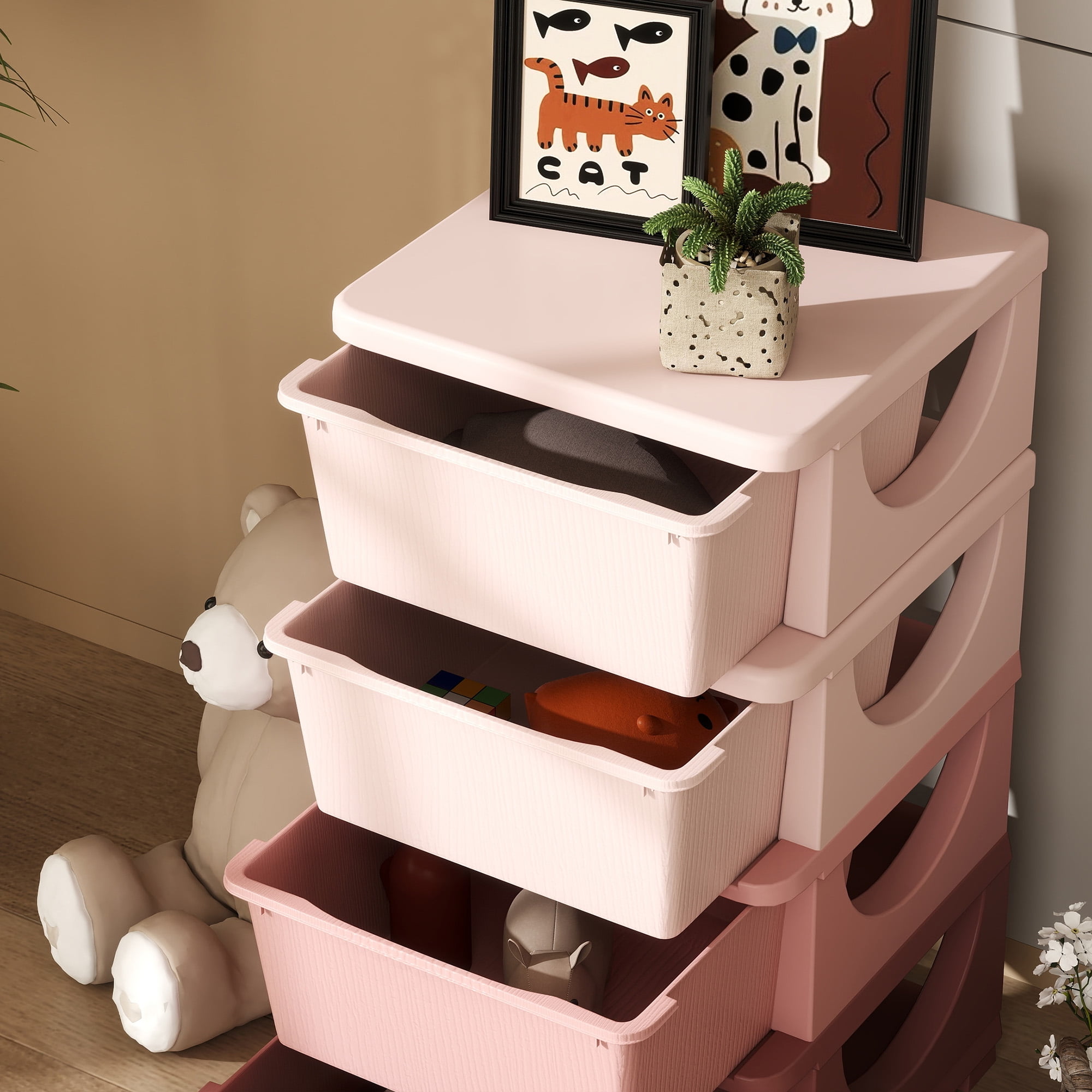 Qaba 4 Tier Kids Storage Unit Dresser Tower with Drawers Chest Toy Organizer for Bedroom Nursery Kindergarten Living Room for Boys Girls, Pink