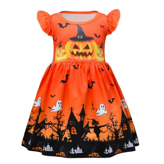 BAYAIXZ Girls Dresses Toddler Kids Girls Infant Fly Sleeves Cartoon Halloween Pumpkins Prints Custome Princess Dress Girls Dresses Size 7-8 Vestido NiƱa (Red,120)