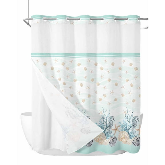 No Hook Cloth Fabric Shower Curtain with Snap in Liner, Aqua Coastal Shell Waterproof Shower Curtains Set with See Through Top Window, Nautical Coral Starfish Seahorse Bath Curtains Shower 72"x78"