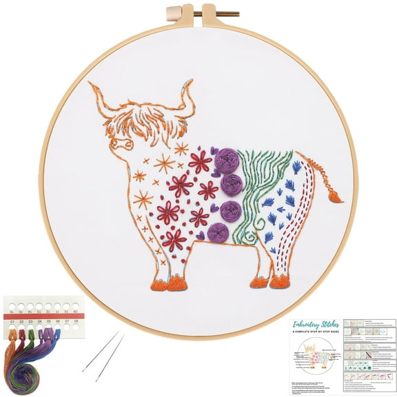 VOCHIC Beginners Adults Embroidery Kit,Highland Cow pattern Practice kit for Ages 7-13 Girls and above,Starters cross stitch kit including embroidery cloth,hoop, needles, instruction