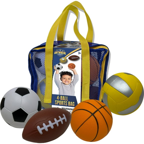 Anywhere Sports: 4-Ball Sports Bag - 4-5" Mini Foam 4pk Ball Set, Basketball-Soccer-Volleyball-Football, Assorted Color Bag, In-Outdoor Play, Kid 3 