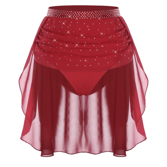 SiiRoh Women's Rhinestone Lyrical Ballet Dance Skirts Chiffon Hem Built-in Briefs Contemporary Dancewear Burgundy L
